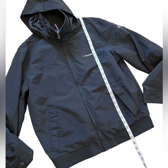 TOMMY HILFIGER Black High Neck Mid Weight Fall Rain Hooded Jacket Coat L - Picture 5 of 8